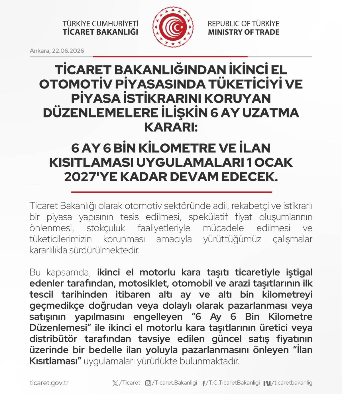 İkinci el araç satışlarında uygulanan 6 ay 6 bin kilometre ve ilan kısıtlaması uzatıldı