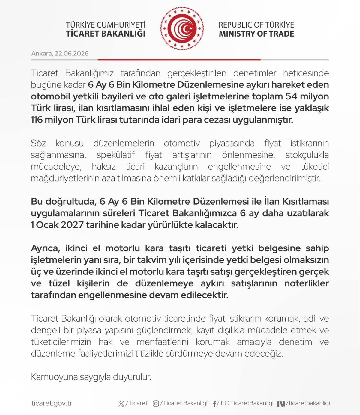İkinci el araç satışlarında uygulanan 6 ay 6 bin kilometre ve ilan kısıtlaması uzatıldı